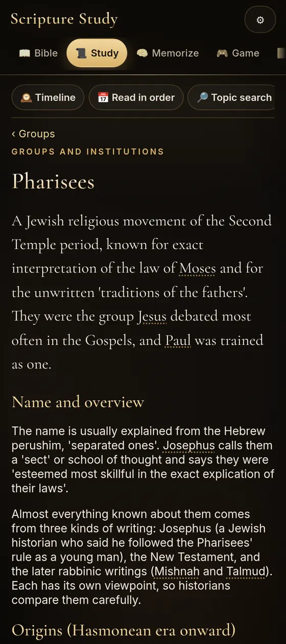 App screenshot: the Pharisees entry