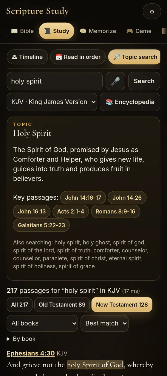 App screenshot: topic search for the Holy Spirit
